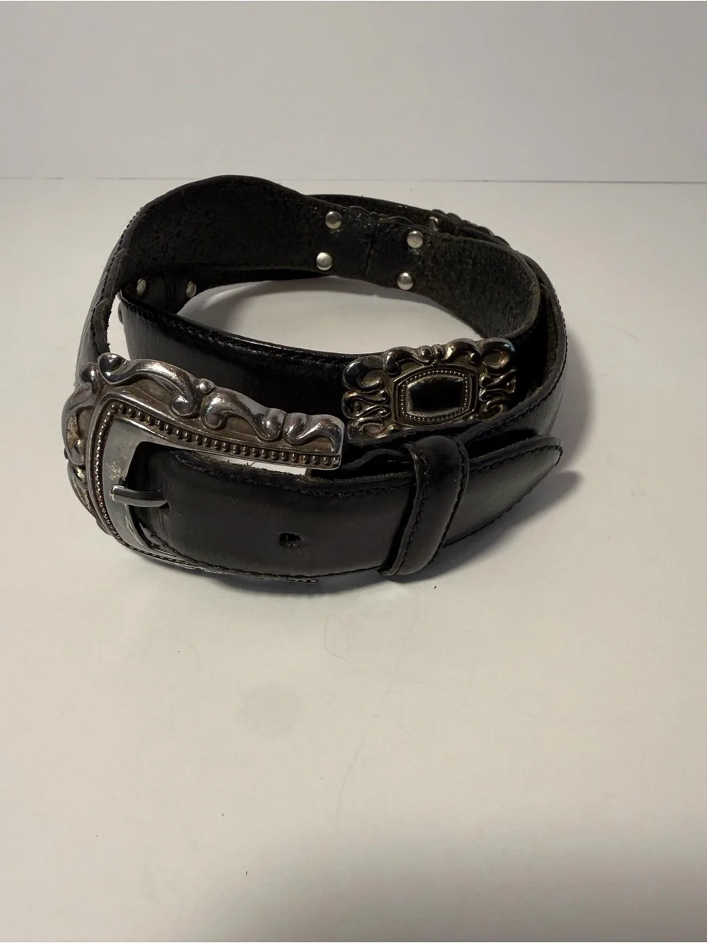 🌵 VTG 1997 Fossil Black Leather Western Buckle & Plaque Belt M 🌵